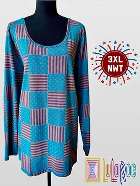 NWT LuLaRoe Lynnae Scoop Neck Top Americana Patriotic Long Sleeve Red Blue 3XL